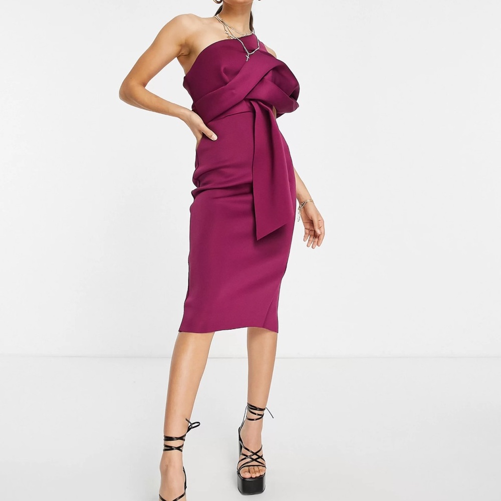 ASOS DESIGN petite peekaboo shoulder tuck midi pencil dress in raspberry US 4